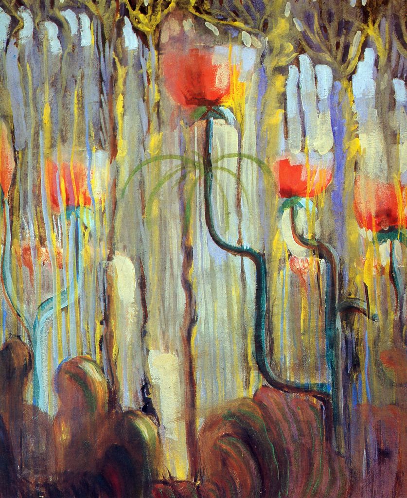 Creation of the World IX, luminous red blooms rising through a field of light, painted by M. K. Čiurlionis
