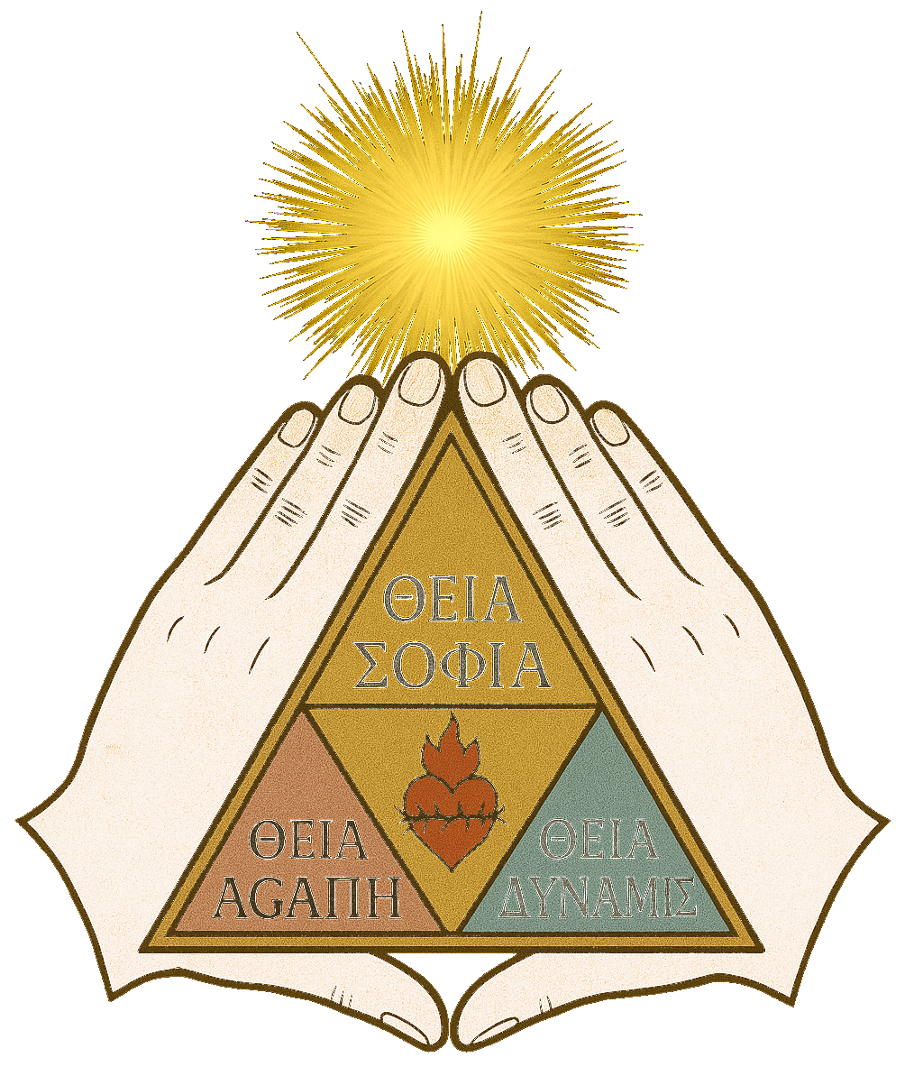 Fellowship of the Flame emblem, cupped hands raising the sacred triad of Divine Wisdom, Love, and Power around the flame of the heart, beneath the radiant sun