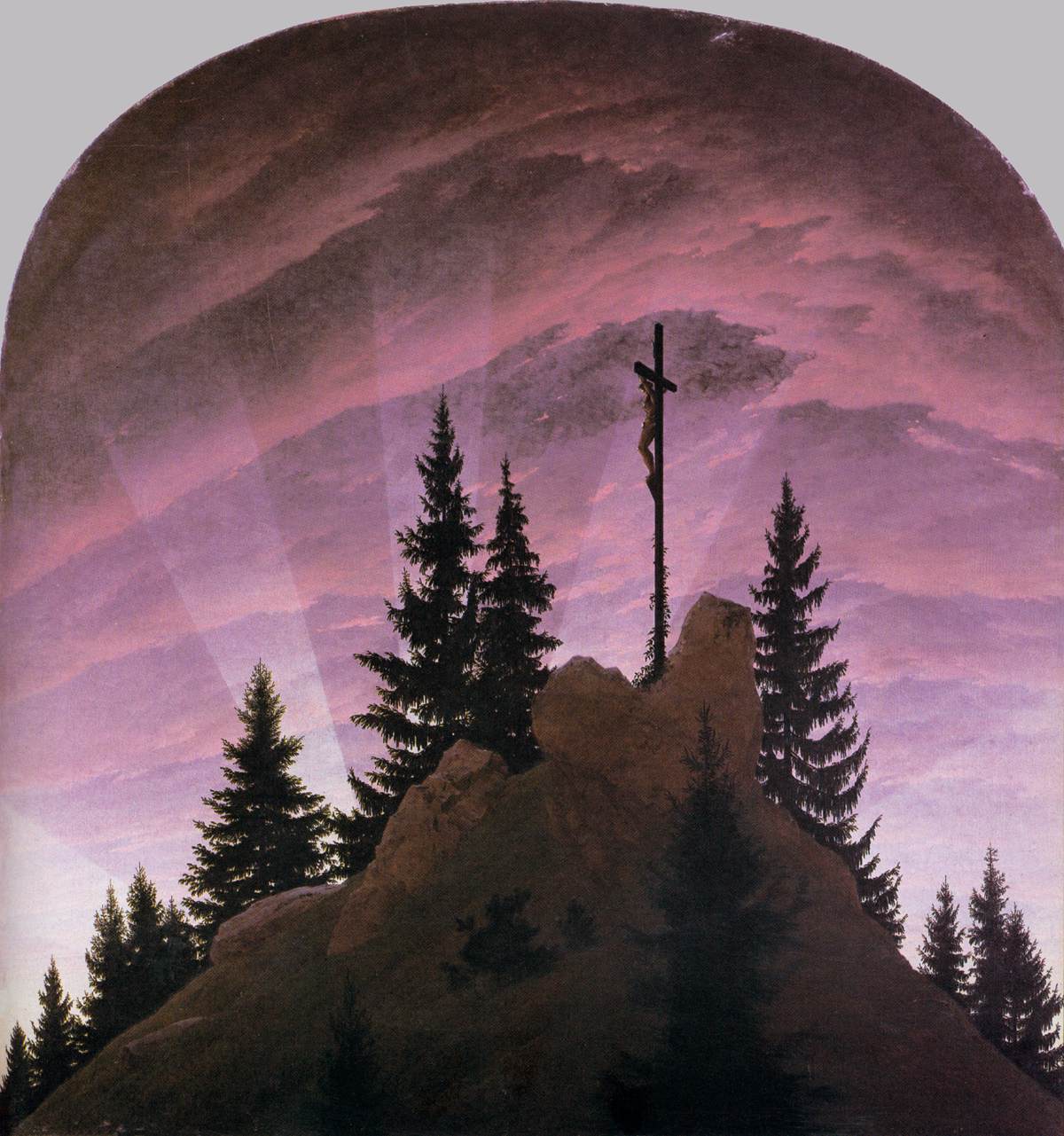 Cross in the Mountains (Tetschen Altar), a cross on a fir-clad peak lit by rays at dusk, painted by Caspar David Friedrich