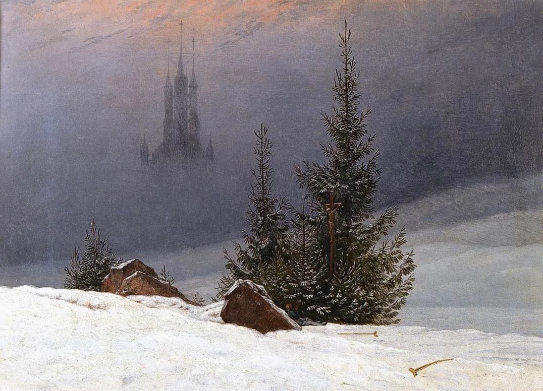 Winter Landscape with Church by Caspar David Friedrich: a man at prayer before a crucifix among snow-laden fir trees, a Gothic cathedral rising faintly in the mist beyond