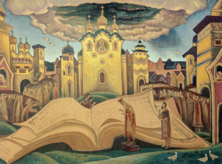The Book of Doves, a great sacred book open before golden churches, painted by Nicholas Roerich