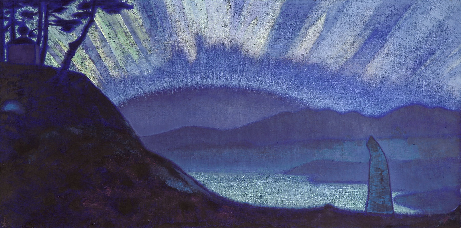 Bridge of Glory, an aurora arching as a bridge of light over blue Himalayan hills and a still lake, painted by Nicholas Roerich