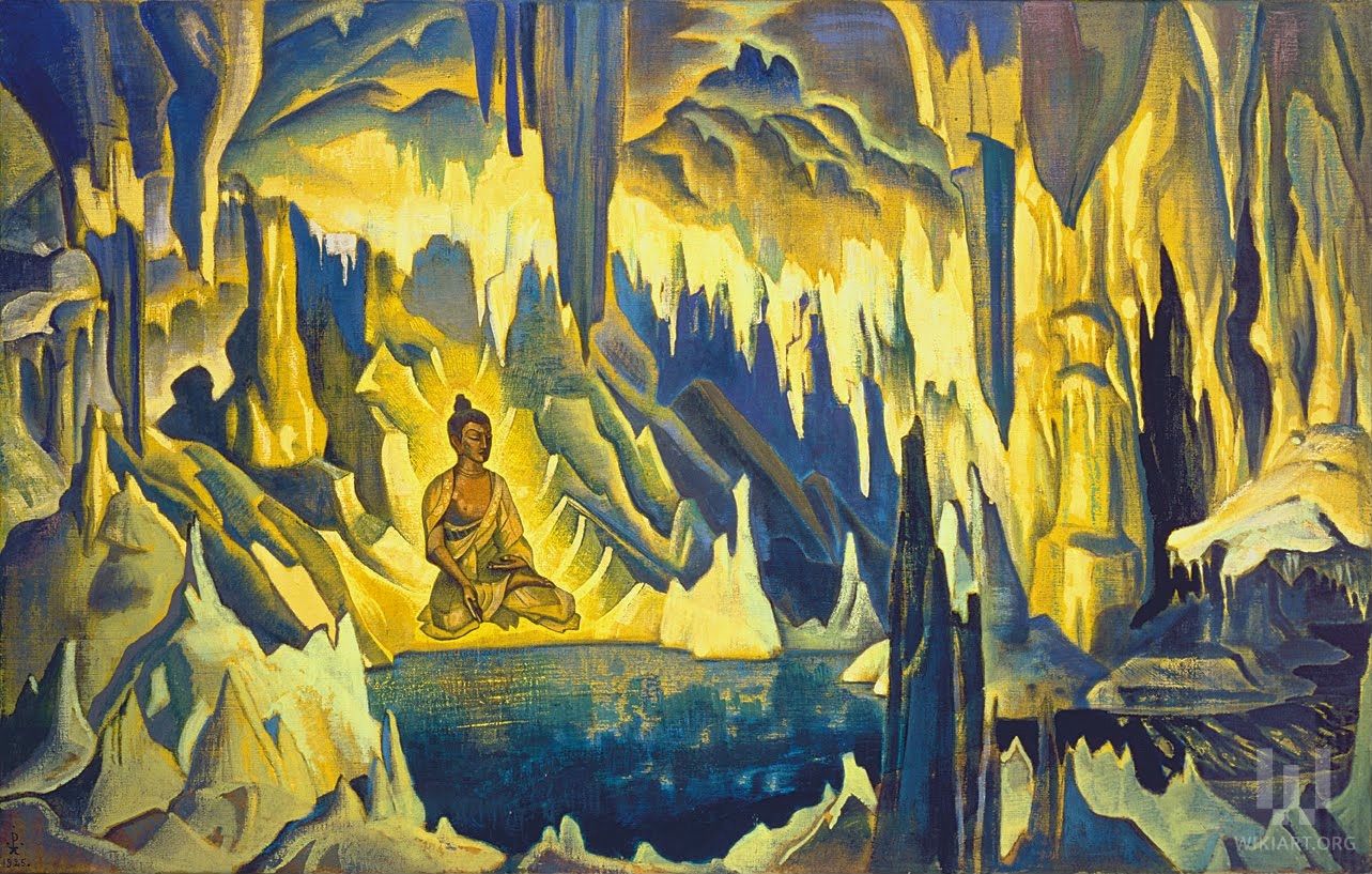 Buddha the Conqueror, the seated Buddha in meditation within a glowing cavern above a still pool, painted by Nicholas Roerich
