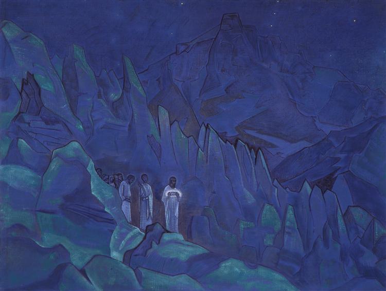 Burning of Darkness, white-robed figures bearing light through night mountains, painted by Nicholas Roerich