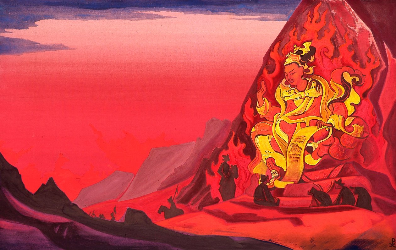 Command of Rigden Djapo, a luminous figure transmitting the sacred command to gathered disciples, painted by Nicholas Roerich