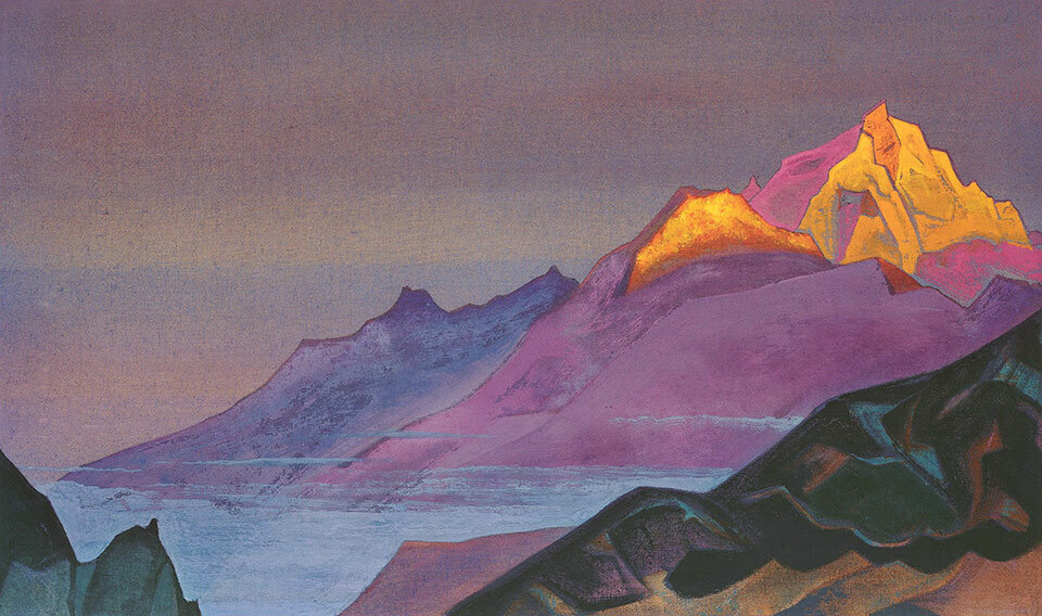 Himalayan summits catching the first gold and rose light of dawn, painted by Nicholas Roerich