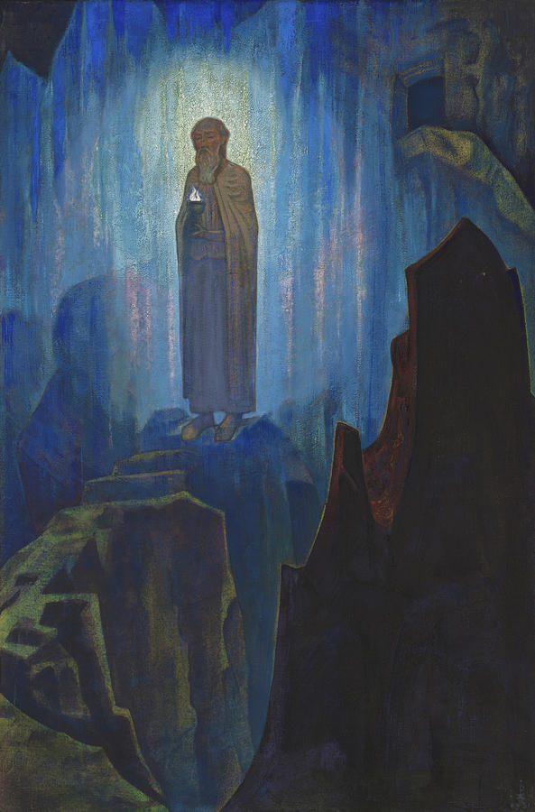 Guru-Guri Dhar (The Path of the Spiritual Teachers), a luminous elder bearing a flame upon a mountain crag in the blue Himalayan night, painted by Nicholas Roerich