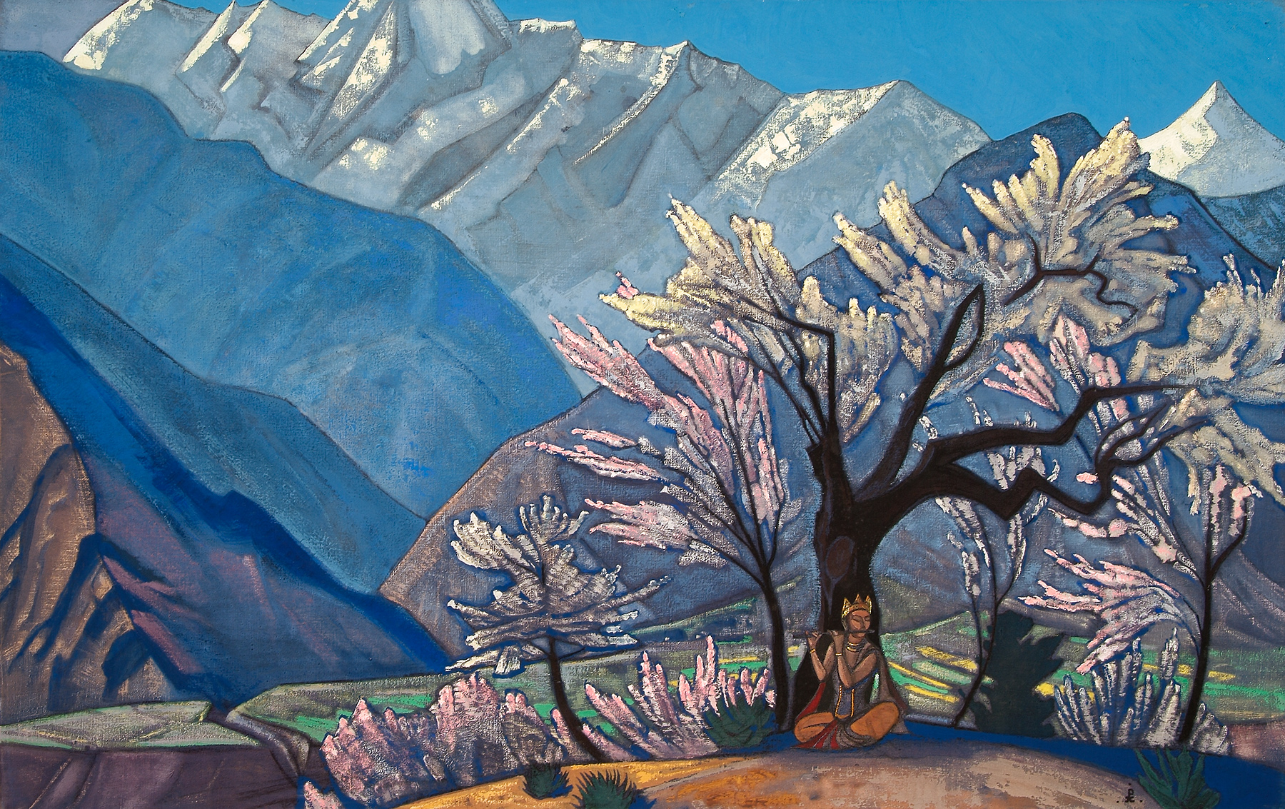 Krishna (Spring in Kulu), a figure at rest beneath blossoming trees before the Himalaya, painted by Nicholas Roerich