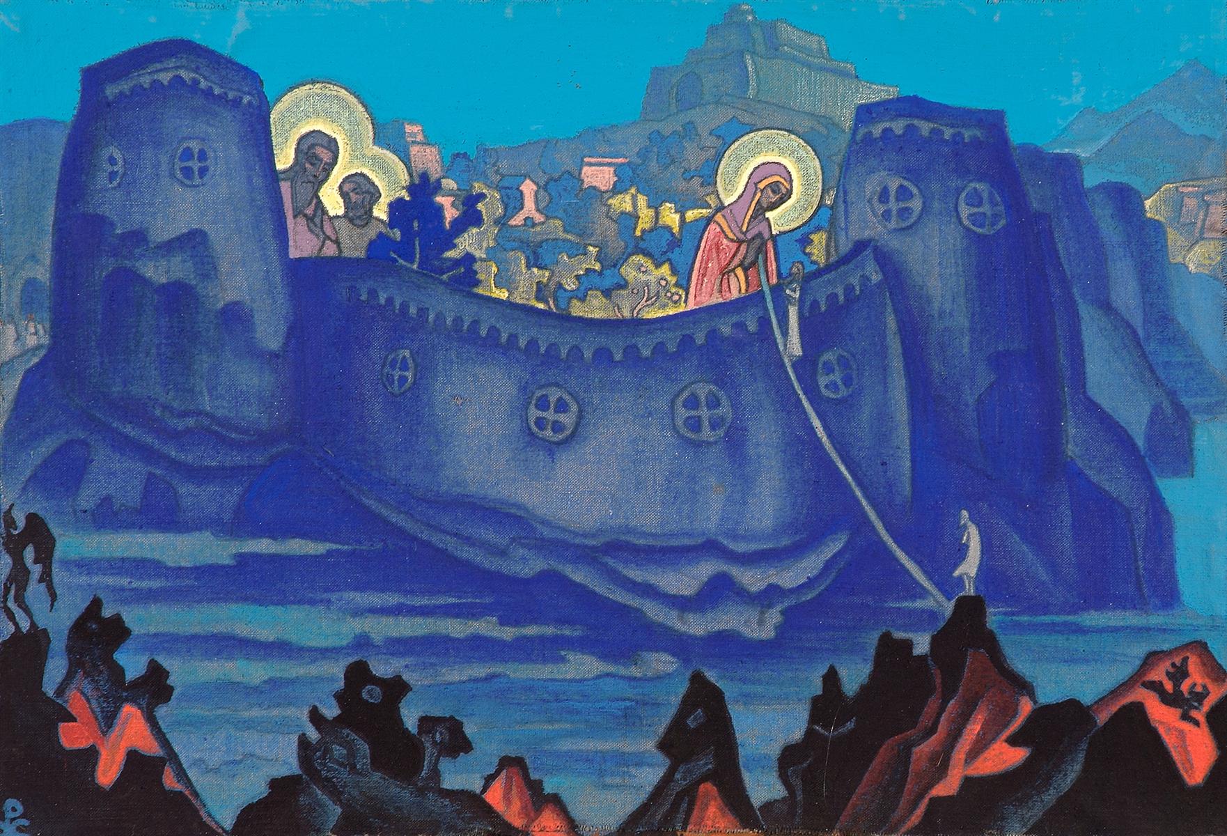 Madonna Laboris by Nicholas Roerich, the Mother of God secretly lowering her sash as a ladder over the wall of Paradise to lift up the fallen