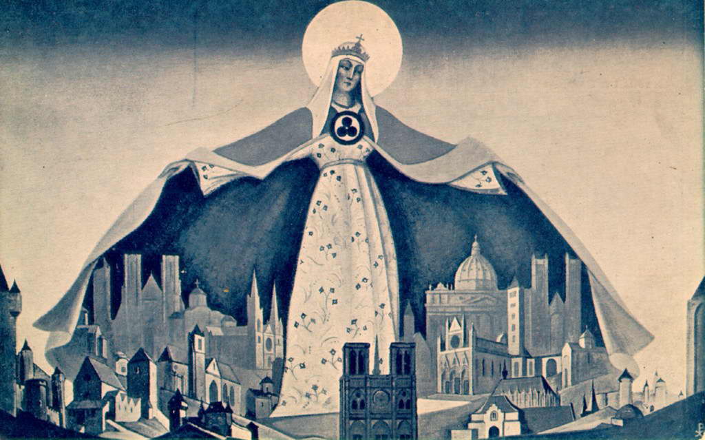 Madonna Protectrix, the Mother of the World sheltering the cathedrals and cities of the earth beneath her outspread cloak, painted by Nicholas Roerich