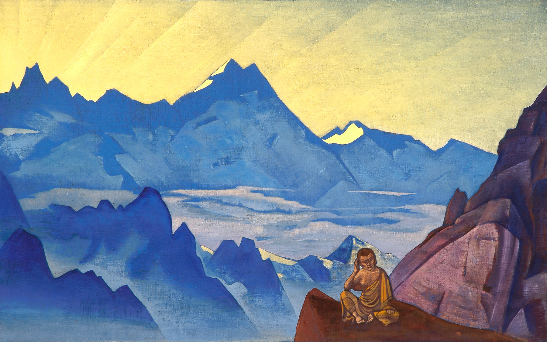 Milarepa, the One Who Harkened, a sage seated in listening upon a crag before blue Himalayan peaks and a golden dawn, painted by Nicholas Roerich