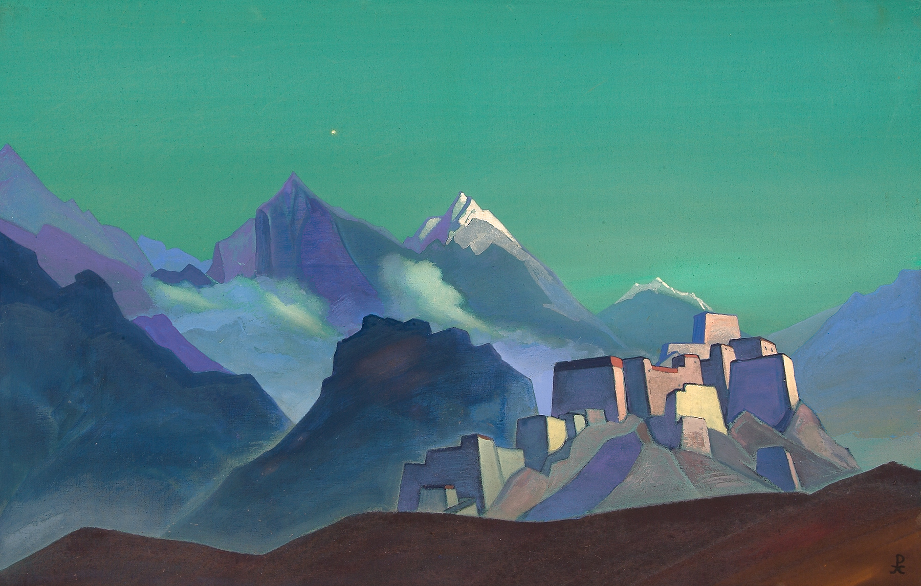 Star of the Morning, a Himalayan monastery beneath a jade dawn sky with the morning star, painted by Nicholas Roerich