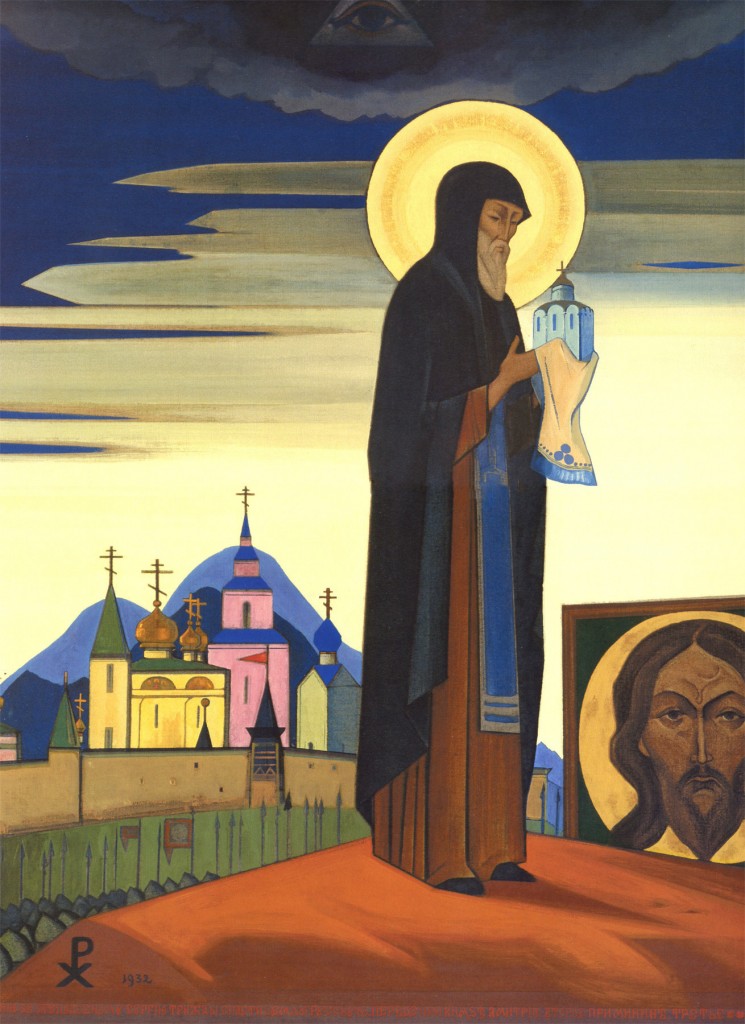 Saint Sergius of Radonezh, a haloed monk bearing a church in his cupped hands before a walled monastery and blue mountains, the face of Christ at his side, painted by Nicholas Roerich