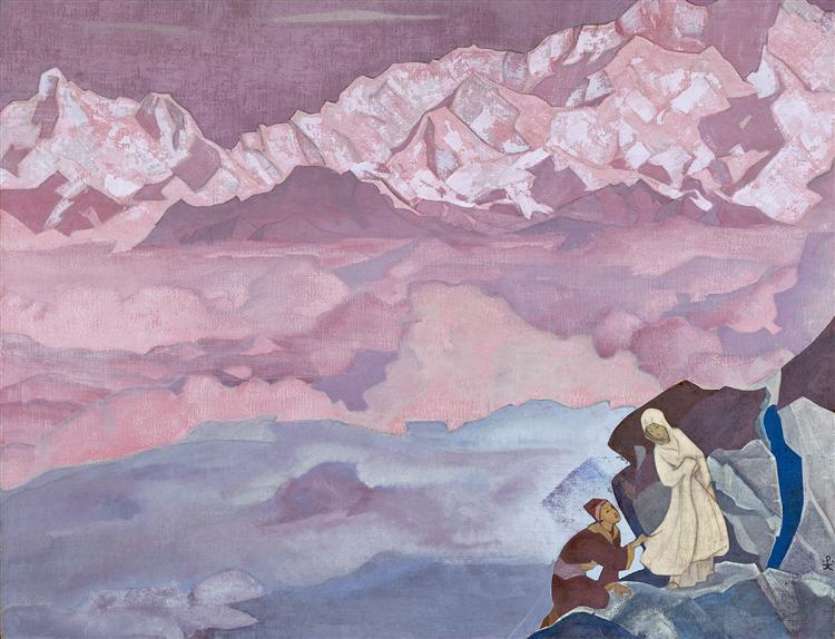 She Who Leads, a robed guide drawing a climber upward toward rose-lit peaks, painted by Nicholas Roerich