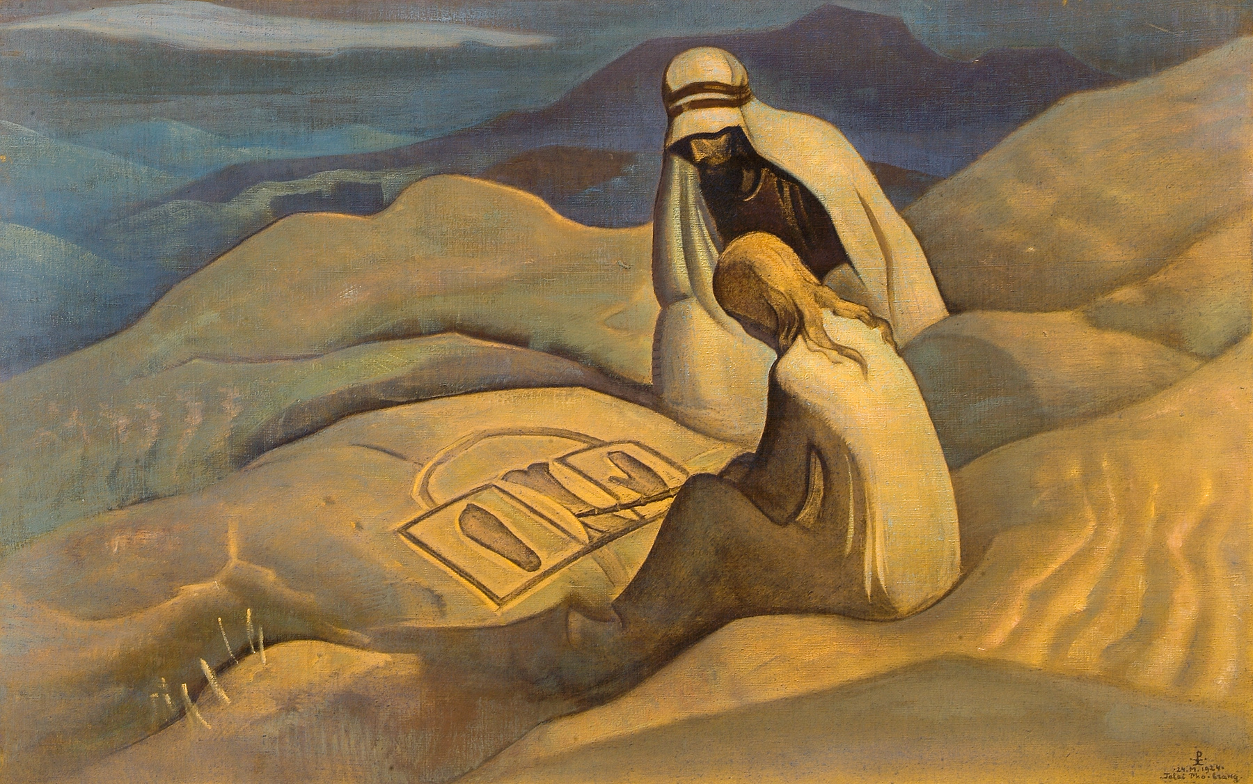 Signs of Christ, a robed teacher tracing signs in the sand for a listening disciple, painted by Nicholas Roerich