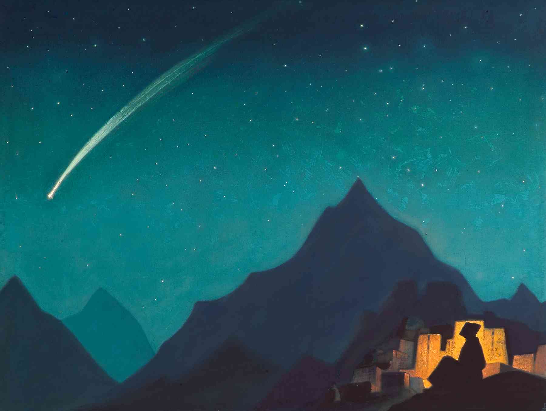 Star of the Hero, a luminous comet over night mountains, painted by Nicholas Roerich