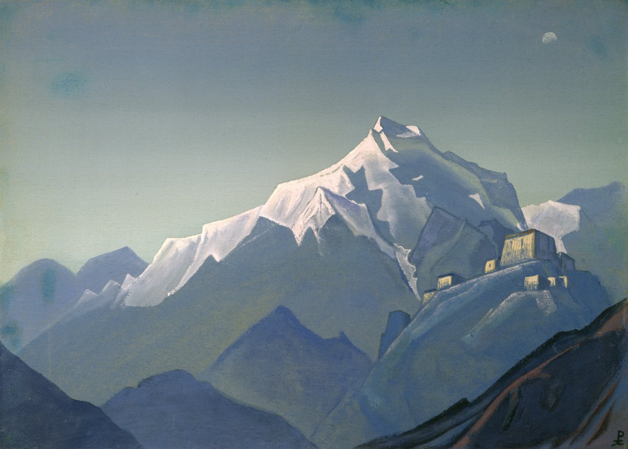 A monastery perched below a snow peak in the blue Himalayan dusk, painted by Nicholas Roerich